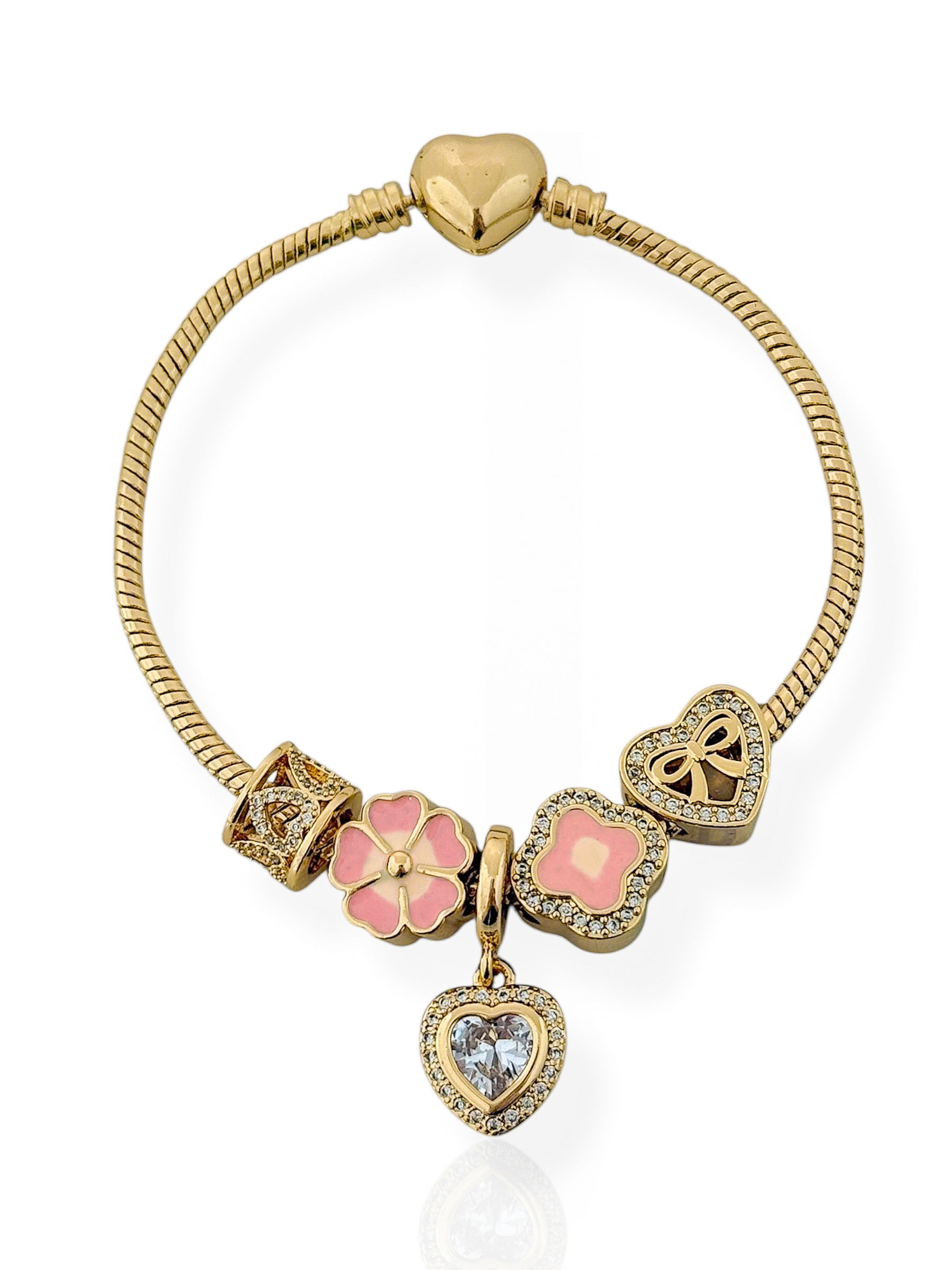 Pulseira Folheado a Ouro 18k e Prata Com Berloques Inspiração Vg Cravejado Com Flor e Micro Zircônia