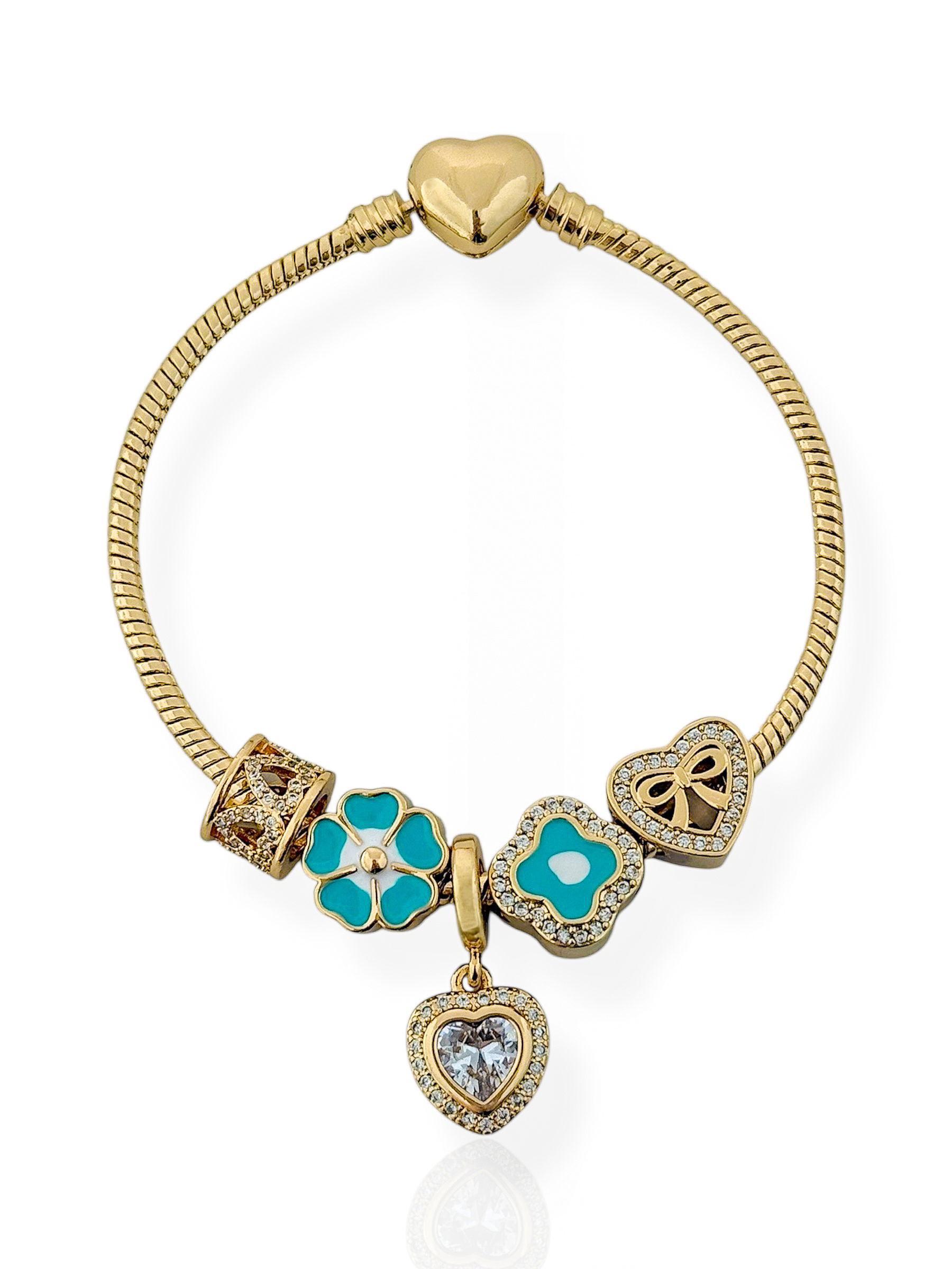 Pulseira Folheado a Ouro 18k e Prata Com Berloques Inspiração Vg Cravejado Com Flor e Micro Zircônia