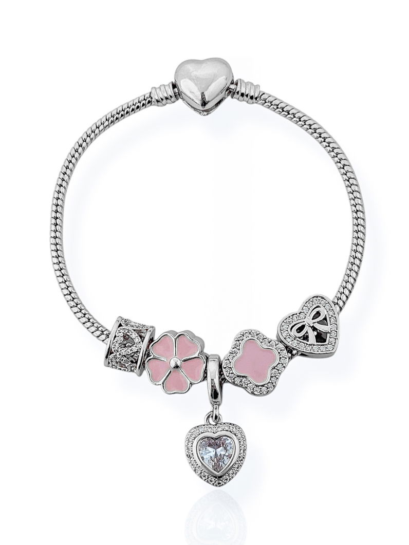 Pulseira Folheado a Ouro 18k e Prata Com Berloques Inspiração Vg Cravejado Com Flor e Micro Zircônia