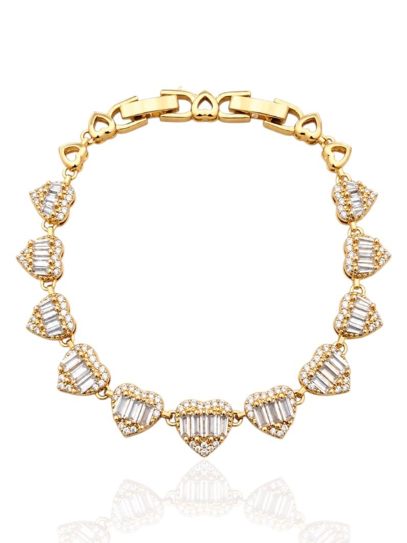 Pulseira Folheado a Ouro 18k e Prata Coração Microzirconia e Com Navetes Coloridos