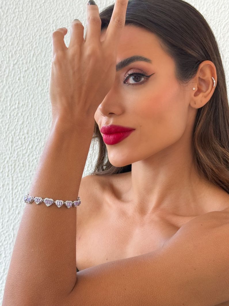 Pulseira Folheado a Ouro 18k e Prata Coração Microzirconia e Com Navetes Coloridos
