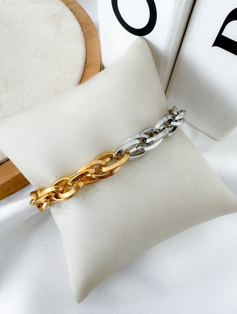 Pulseira Folheado a Ouro 18K e Prata Correntaria Elo Entrelaçado Mix Banho