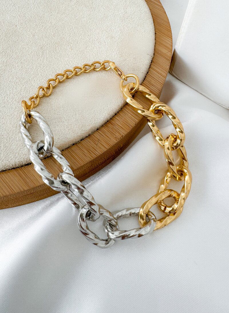 Pulseira Folheado a Ouro 18K e Prata Correntaria Elo Martelado Mix Banho