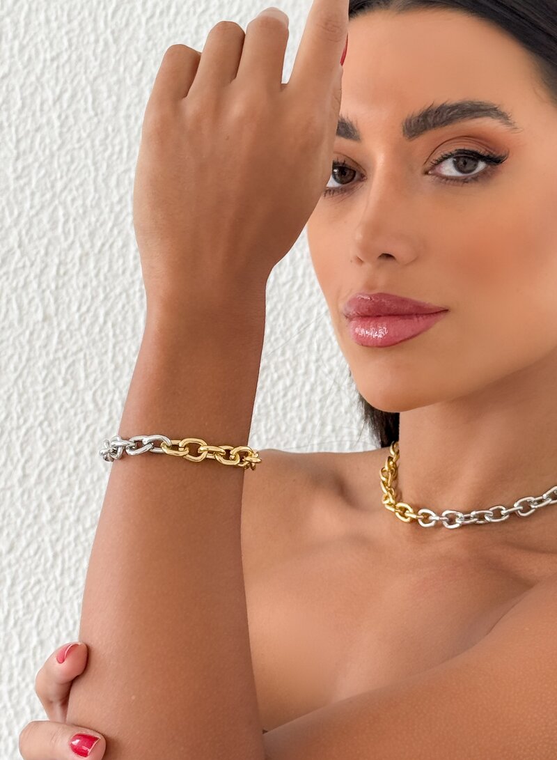 Pulseira Folheado a Ouro 18K e Prata Correntaria Elo Redondo Mix Banho