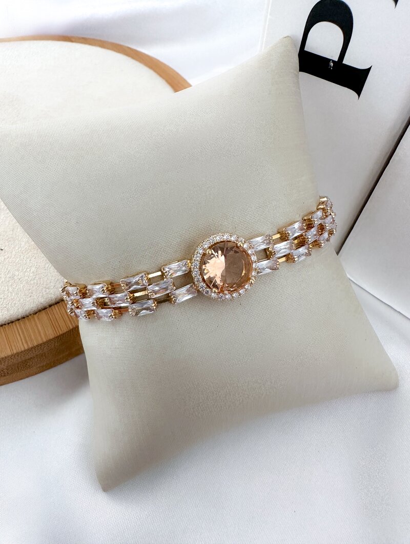 Pulseira Folheado a Ouro 18k e Prata Corrente de Navetes com Zircônia Central