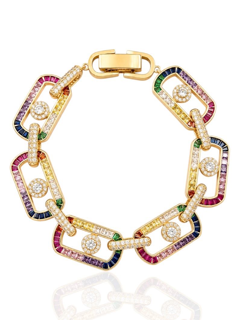 Pulseira Folheado a Ouro 18k e Prata Cravejado Com Microzirconia Coloridos