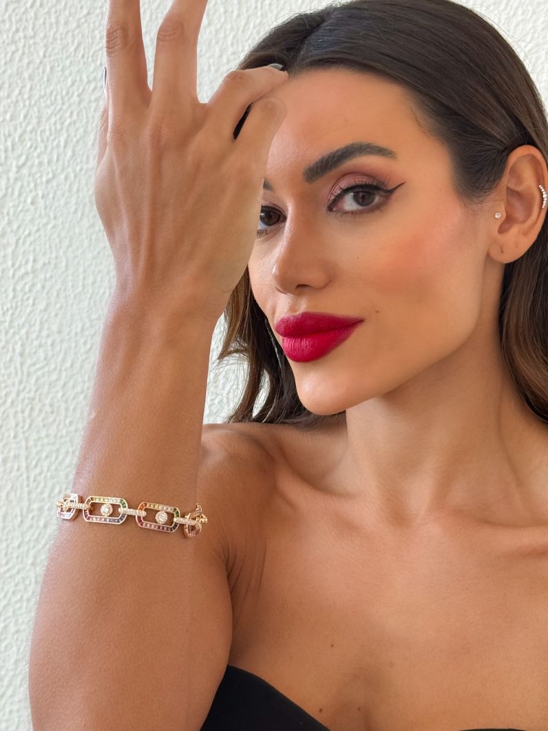 Pulseira Folheado a Ouro 18k e Prata Cravejado Com Microzirconia Coloridos