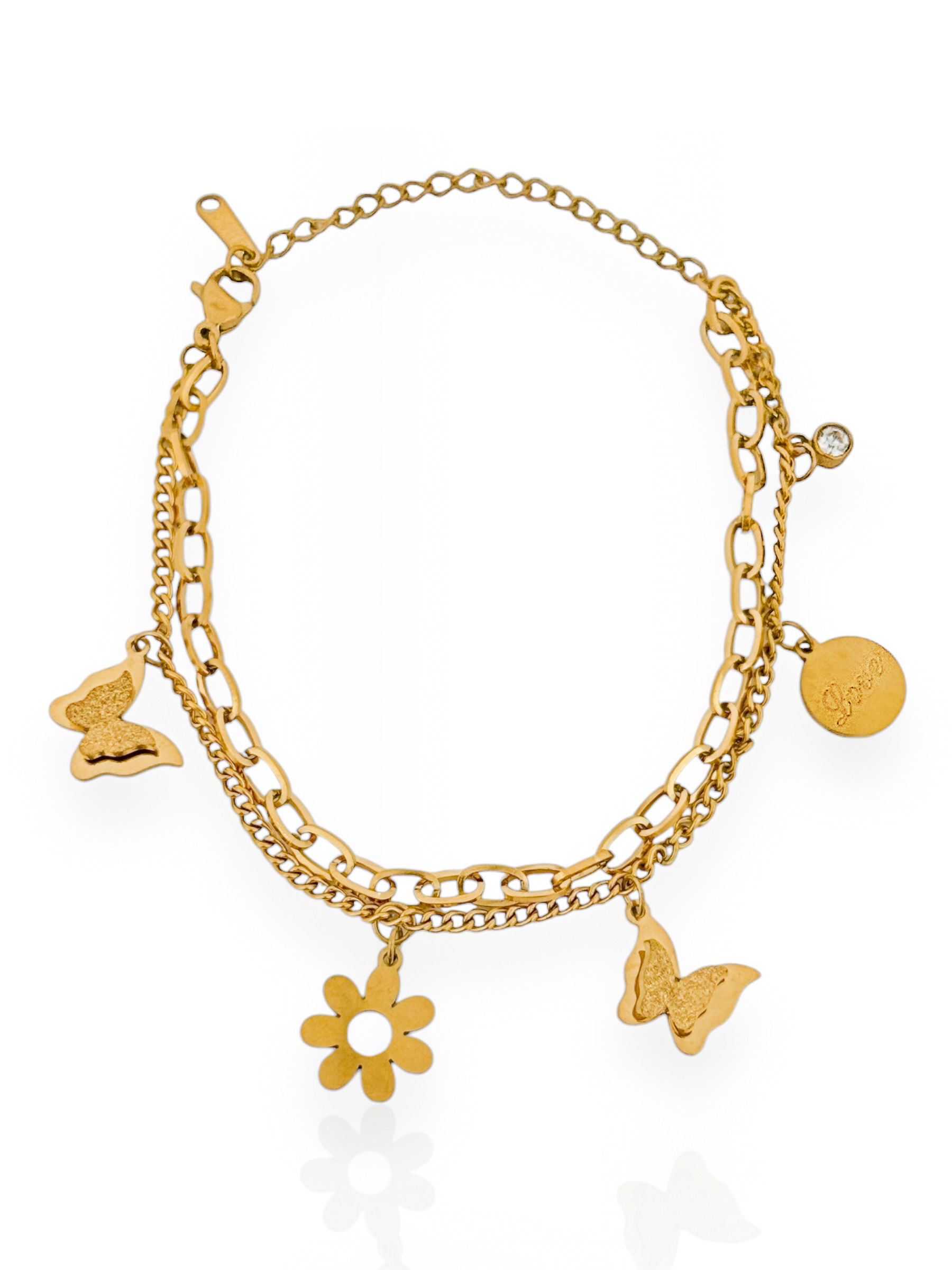 Pulseira Folheado a Ouro 18k e Prata Duplo Com Borboletas e Flores