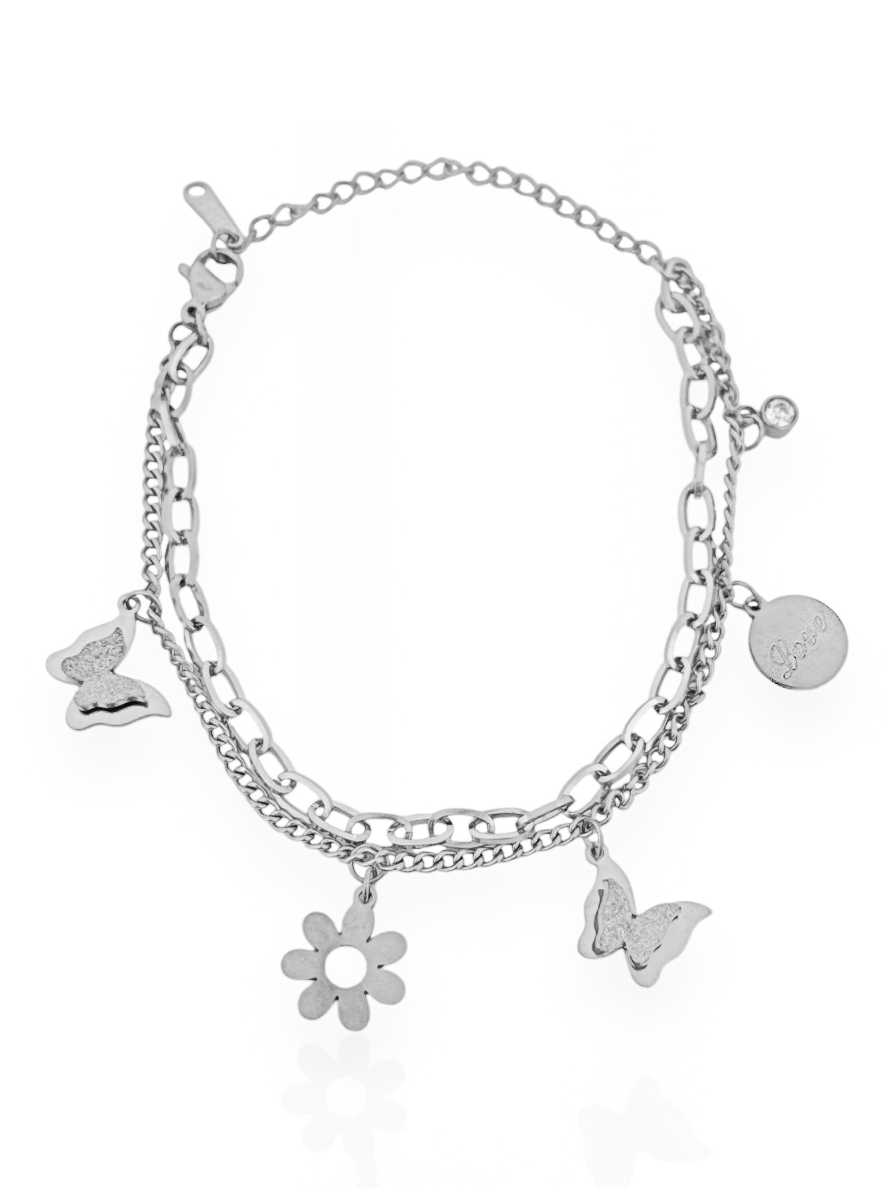 Pulseira Folheado a Ouro 18k e Prata Duplo Com Borboletas e Flores