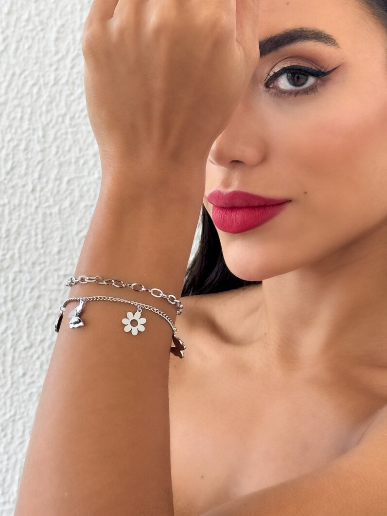 Pulseira Folheado a Ouro 18k e Prata Duplo Com Borboletas e Flores