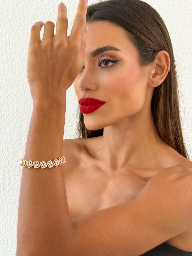 Pulseira Folheado a Ouro 18k e Prata Quadrado Cravejado Colorido