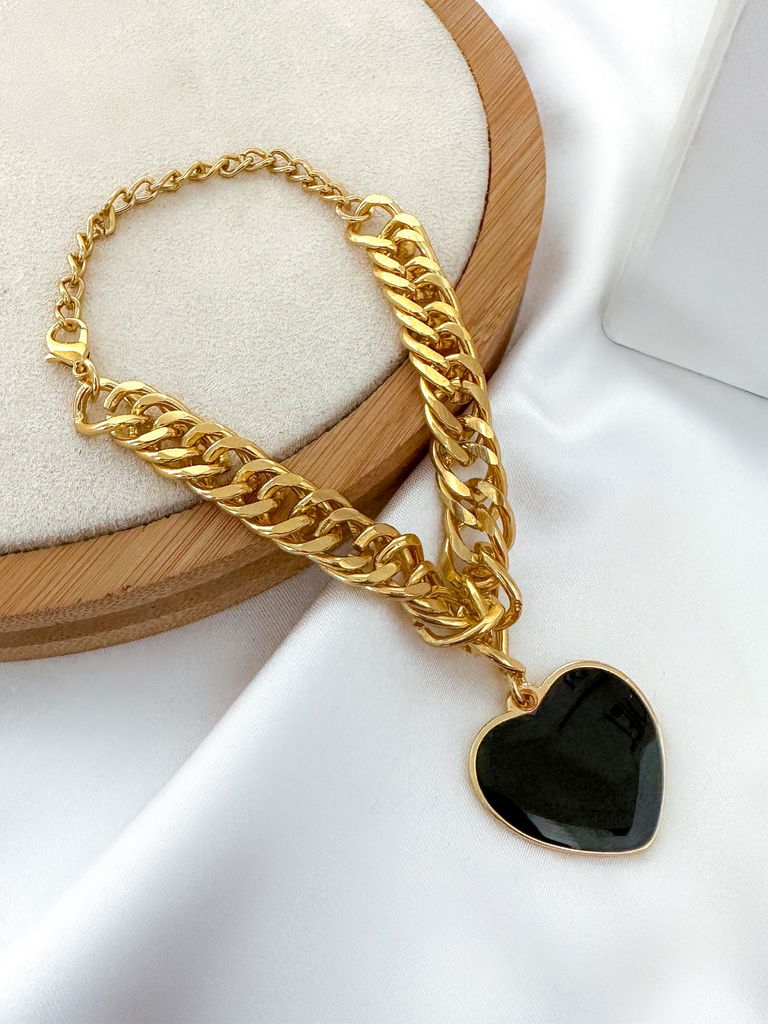 PULSEIRA FOLHEADO A OURO 18K ELO GRUMMET CORAÇÃO RESINADO