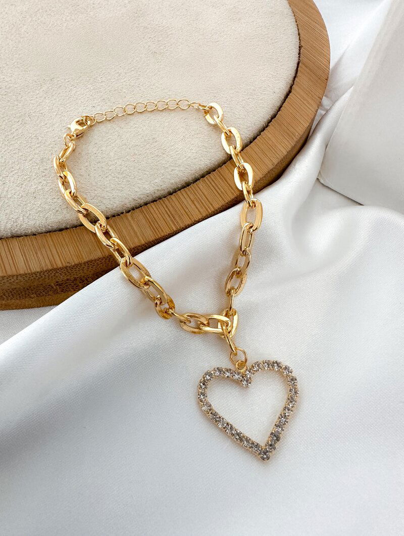 Pulseira Folheado a Ouro 18k Elos com Coração Cravejado