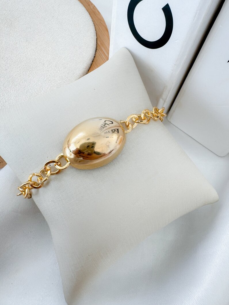 Pulseira Folheado a Ouro 18k Elos Redondos com Botton Oval M