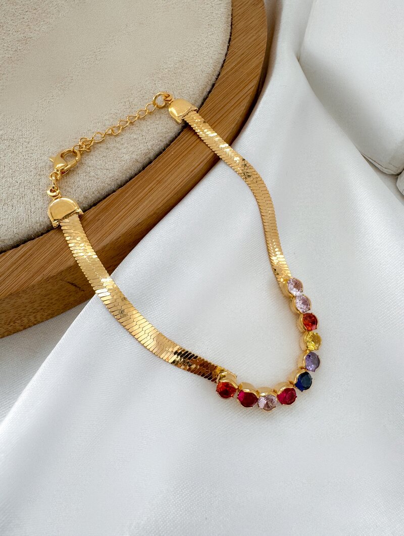 Pulseira Folheado a Ouro 18k Fita Laminada com Zircônias Coloridas