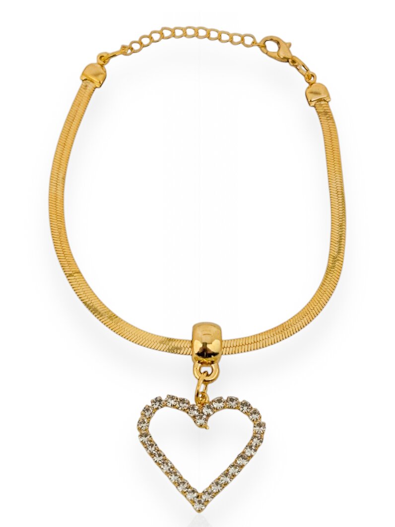 Pulseira Folheado a Ouro 18k Fita Laminada com Coração Vazado e Cravejado