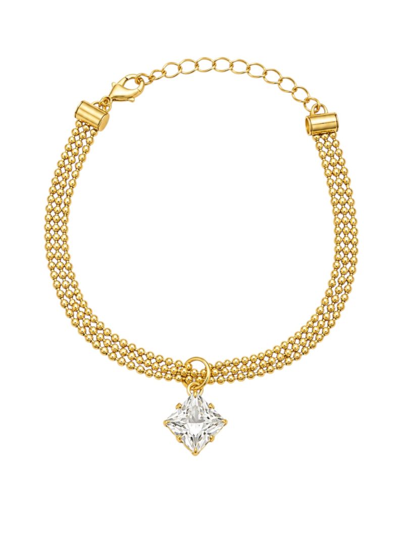 Pulseira Folheado a Ouro 18k Mult Fios Com Mini Esferas e Quadrado Cristal