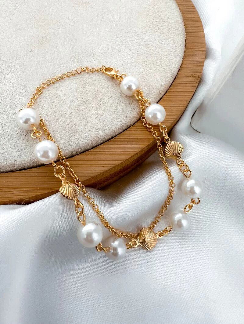 Pulseira Folheado a Ouro 18K Pérolas e Conchas,