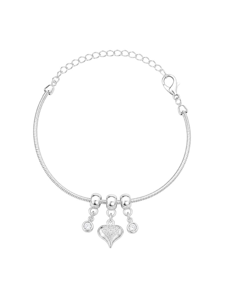 Pulseira Folheado a Prata 925 Berloques Cristal e Coração Texturizado