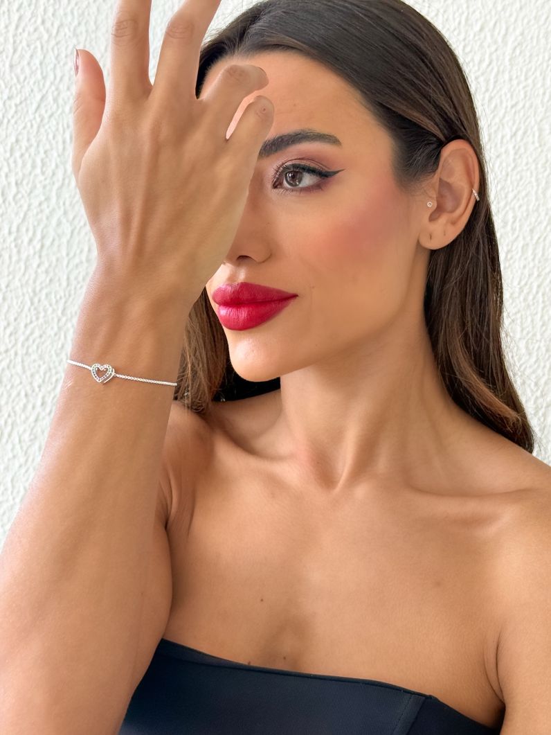 Pulseira Folheado a Prata 925 Coração Vazado Com Micro Zirconia Colorido