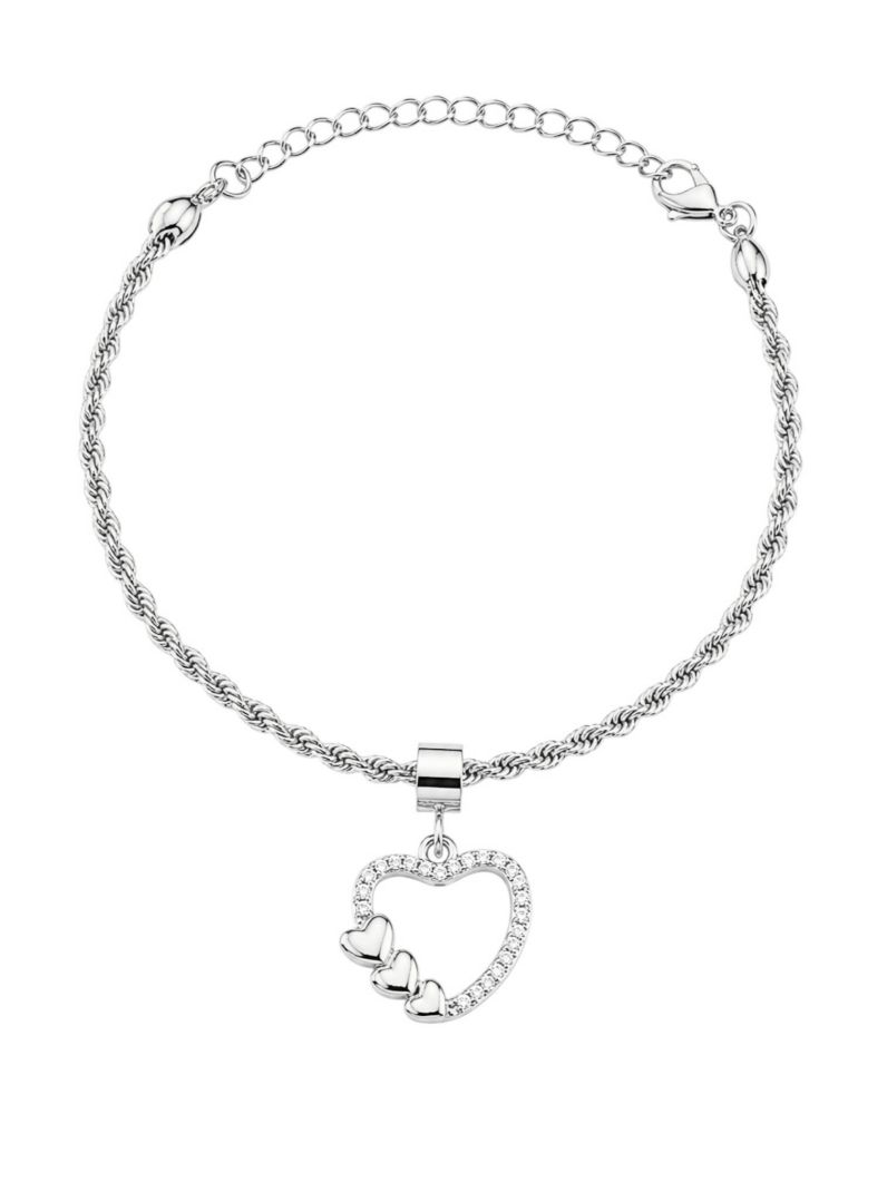 Pulseira Folheado a Prata 925 Cordão Baiano e Pingente Coração Micro Zirconia