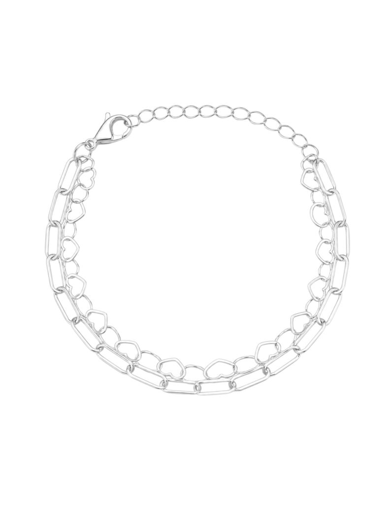 Pulseira Folheado a Prata 925 Duplo Com Corações Vazado e Elos