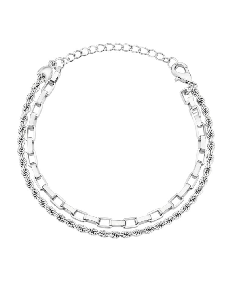 Pulseira Folheado a Prata 925 Duplo Cordão Baiano e Elos Quadrado