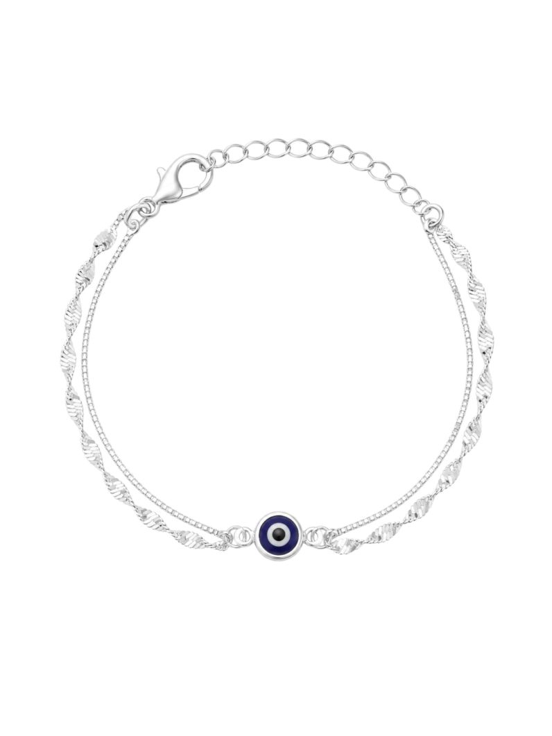 Pulseira Folheado a Prata 925 Duplo Cordão Torcido Com Olho Grego