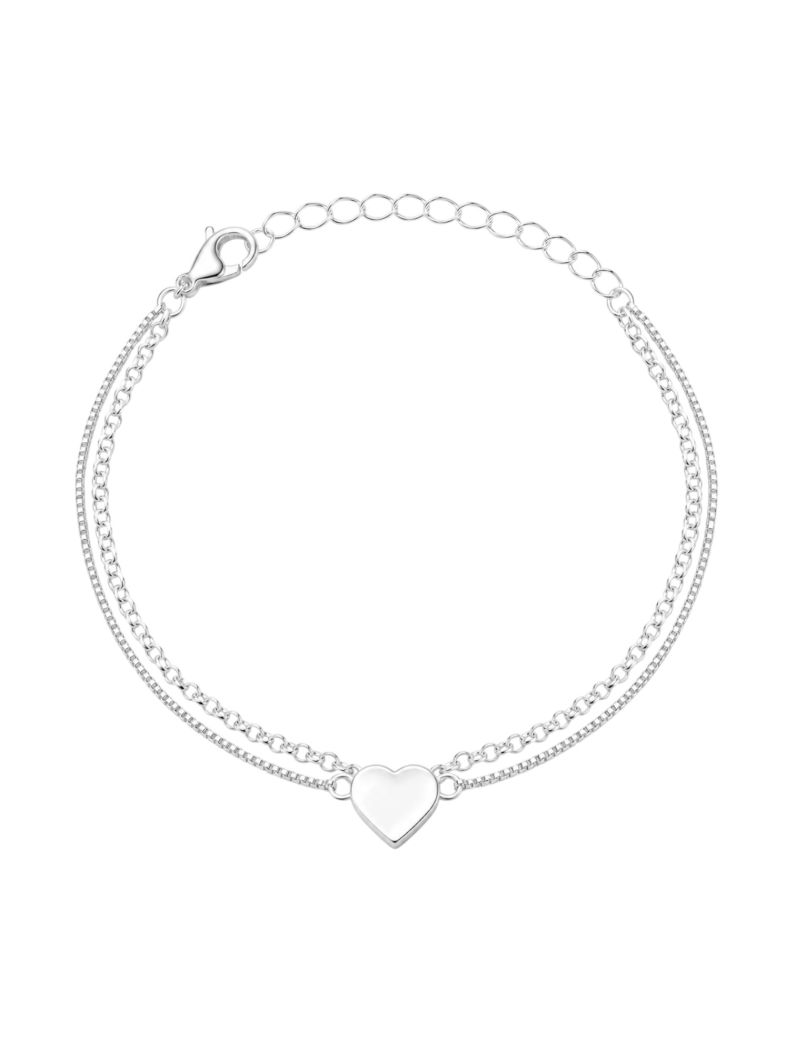 Pulseira Folheado a Prata 925 Duplo Elos Com Coração Liso