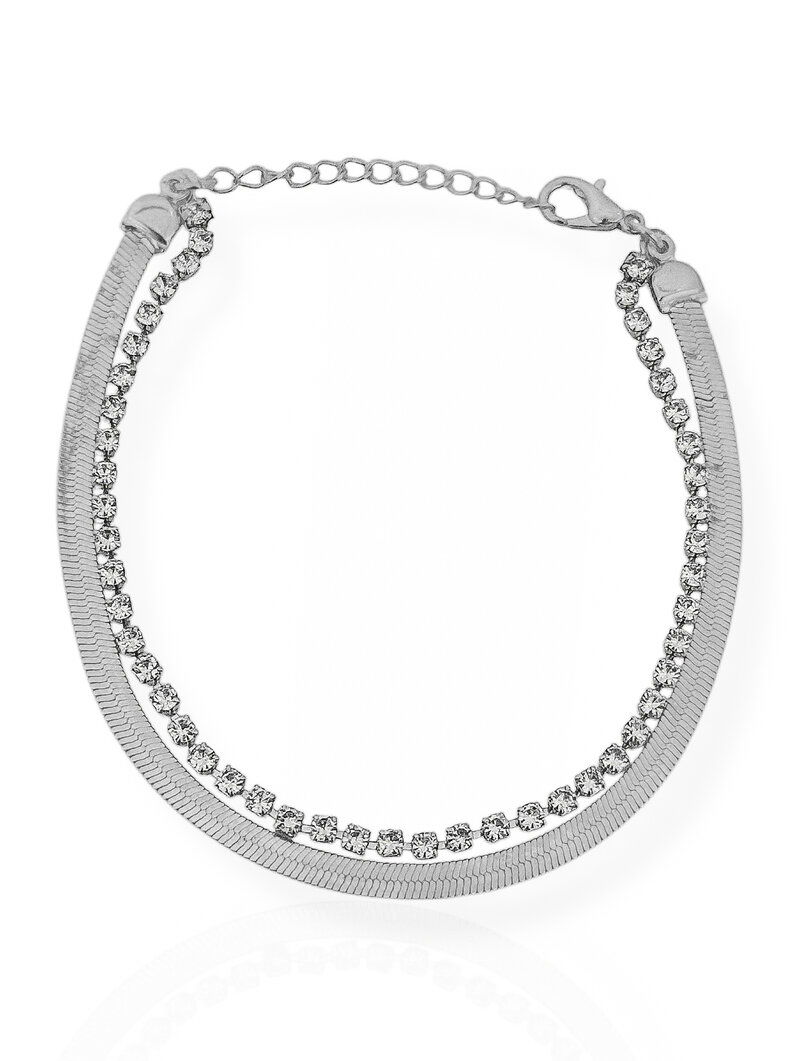 Pulseira Folheado a Prata 925 Duplo Fita Laminada Com Cordão Cravejado