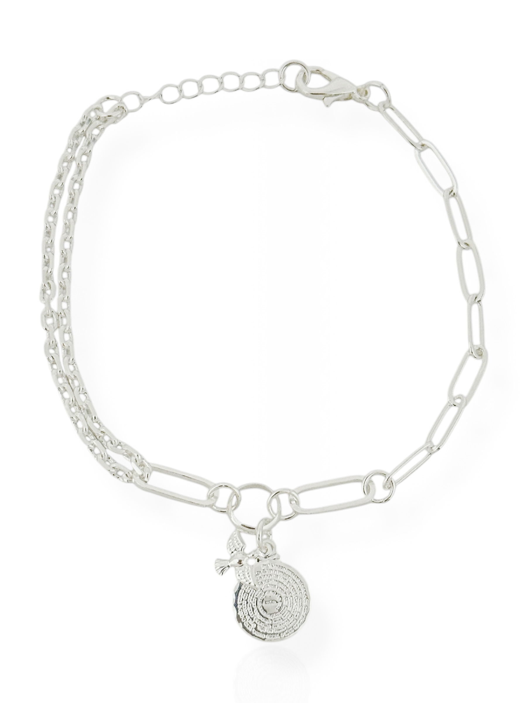 Pulseira Folheado a Prata 925 Elos Com Corrente Medalha 'Pai nosso' Com Espirito Santo