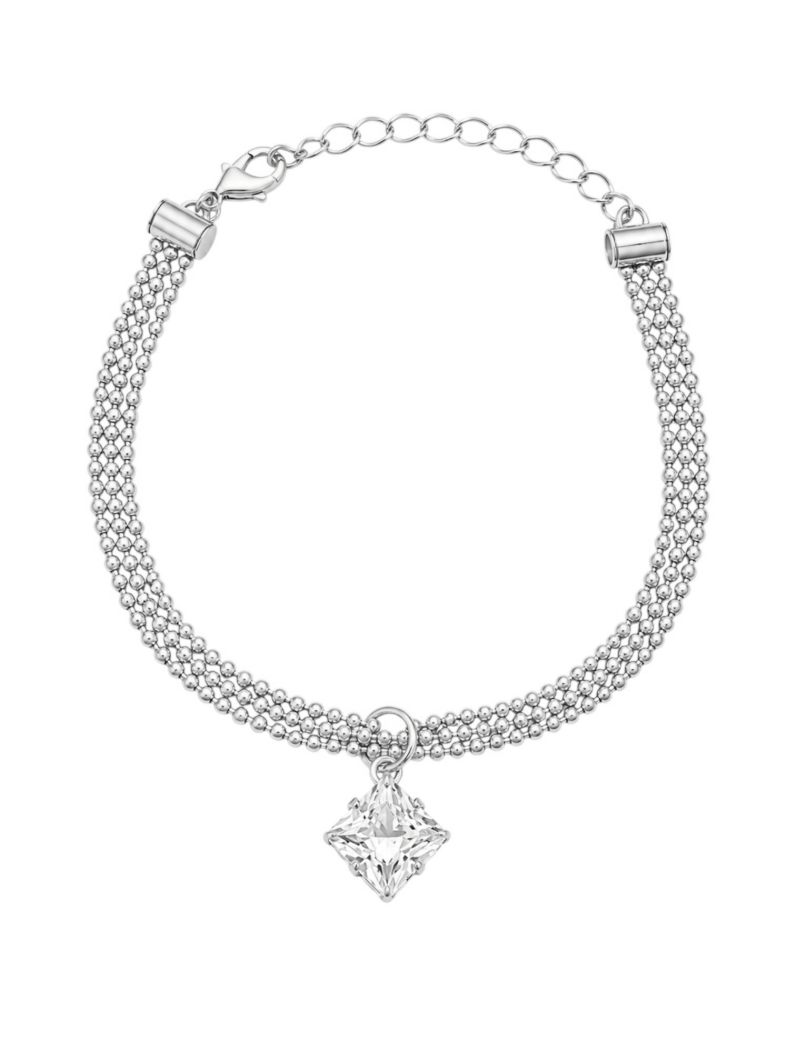 Pulseira Folheado a Prata 925 Mult Fios Com Mini Esferas e Quadrado Cristal