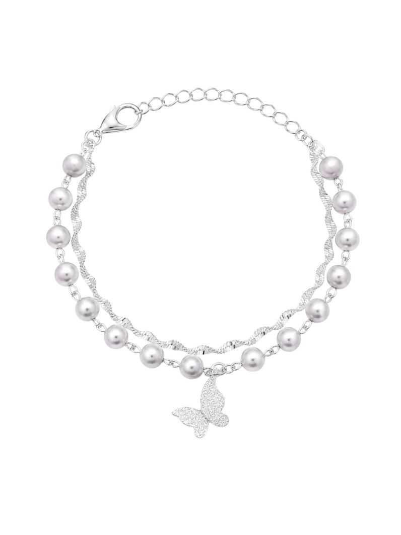 Pulseira Folheado a Prata 925 Duplo Pérolas e Cordão Torcido e Borboleta