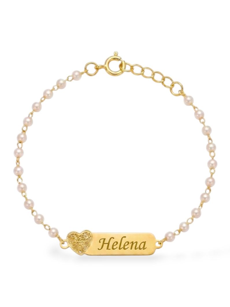 Pulseira Infantil Folheada a Ouro 18k Pérolas e Placa Com Nome