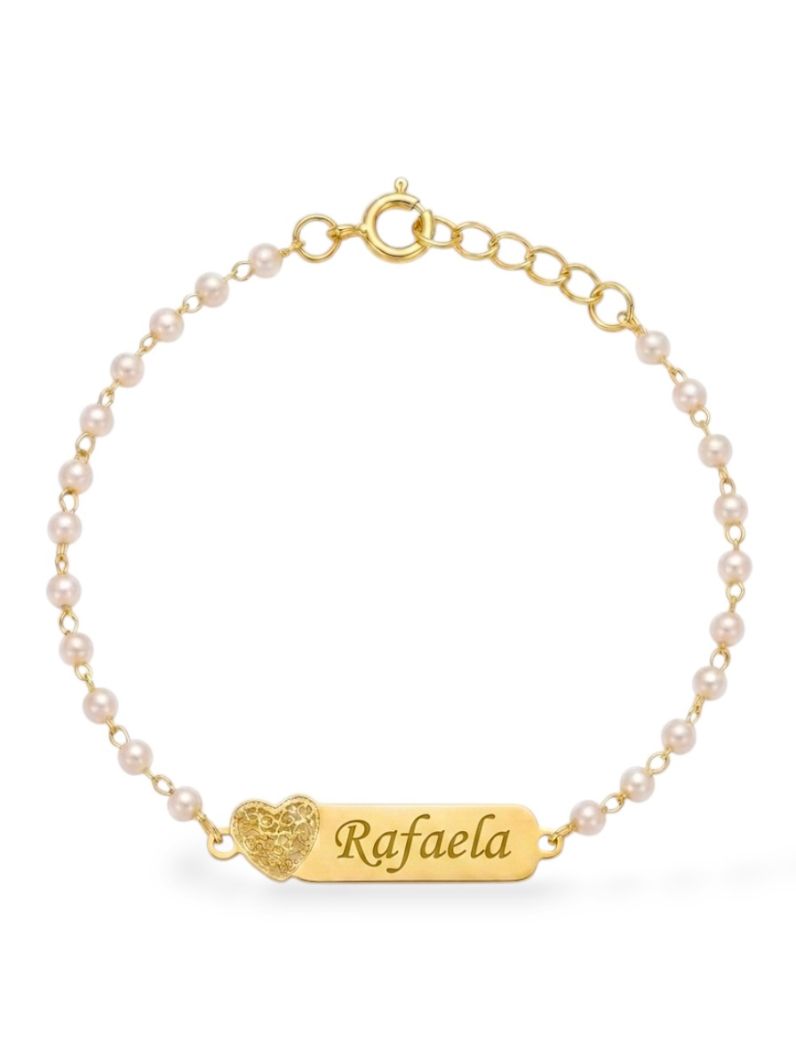Pulseira Infantil Folheada a Ouro 18k Pérolas e Placa Com Nome
