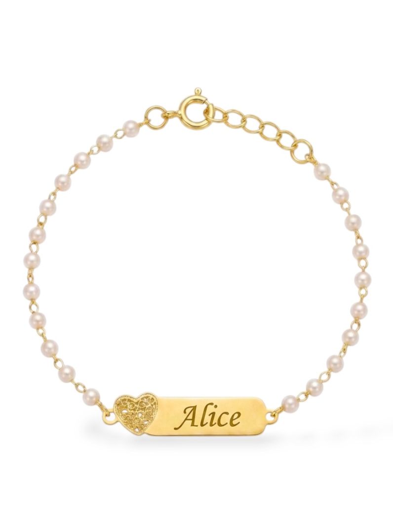 Pulseira Infantil Folheada a Ouro 18k Pérolas e Placa Com Nome