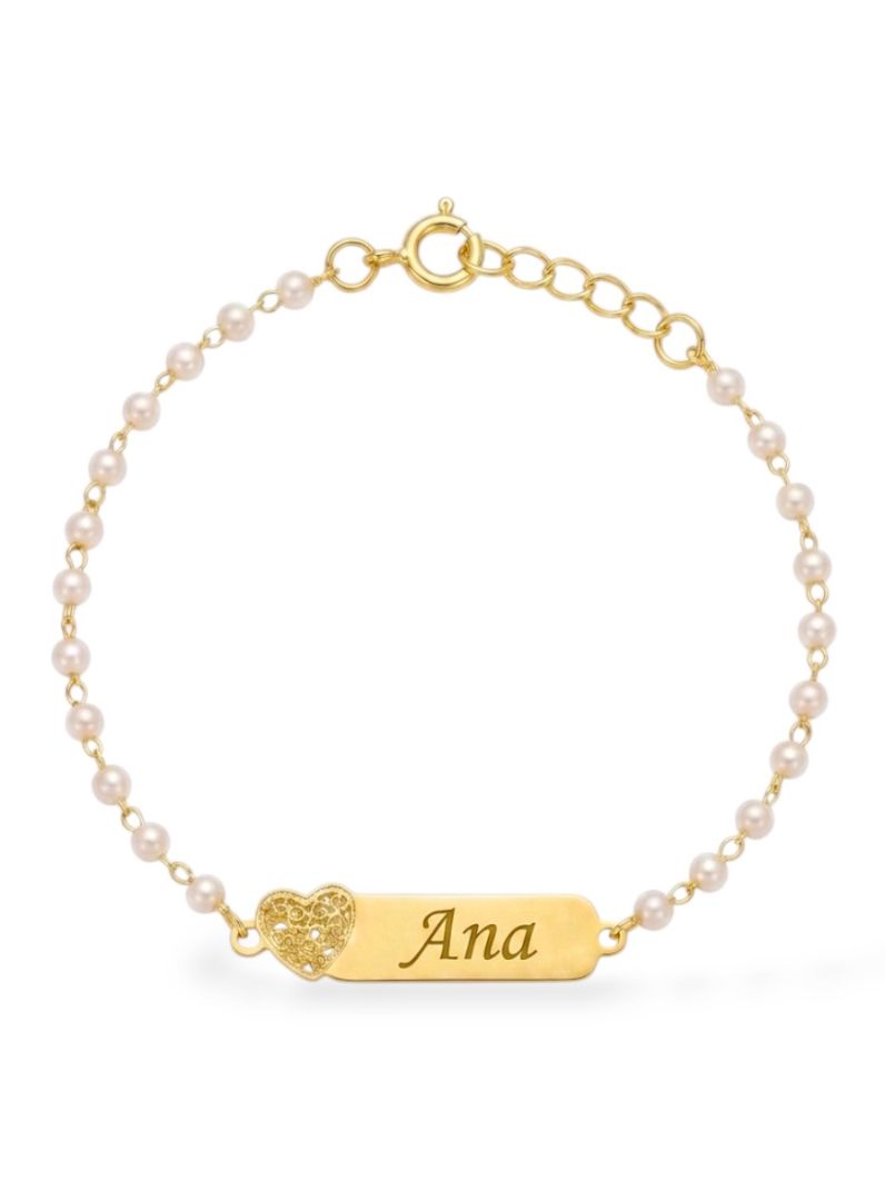 Pulseira Infantil Folheada a Ouro 18k Pérolas e Placa Com Nome