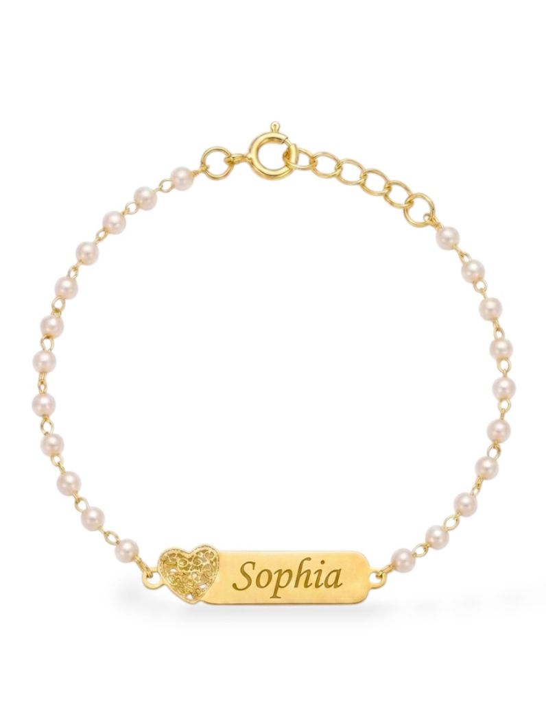 Pulseira Infantil Folheada a Ouro 18k Pérolas e Placa Com Nome