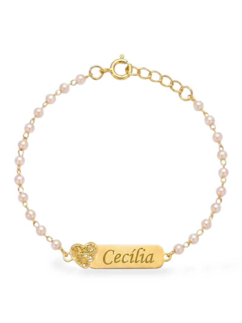 Pulseira Infantil Folheada a Ouro 18k Pérolas e Placa Com Nome