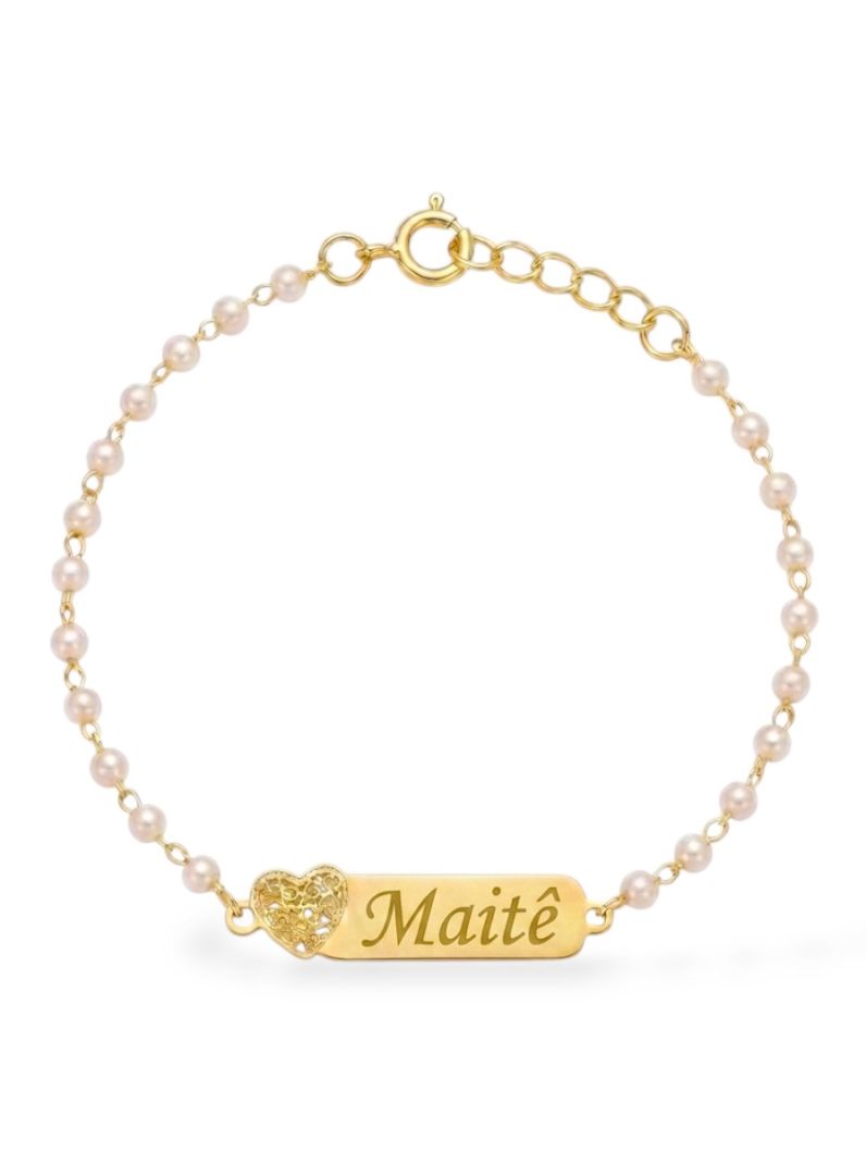 Pulseira Infantil Folheada a Ouro 18k Pérolas e Placa Com Nome