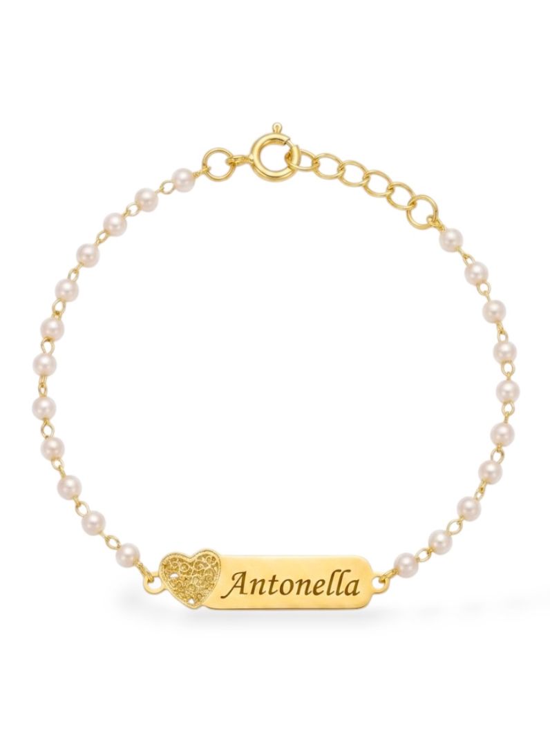 Pulseira Infantil Folheada a Ouro 18k Pérolas e Placa Com Nome