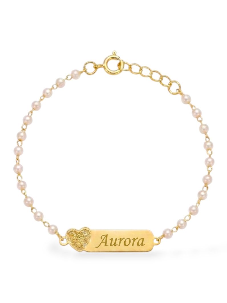 Pulseira Infantil Folheada a Ouro 18k Pérolas e Placa Com Nome