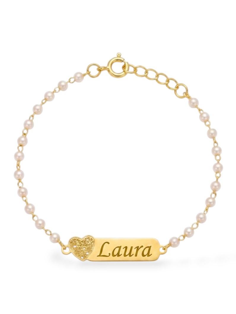 Pulseira Infantil Folheada a Ouro 18k Pérolas e Placa Com Nome