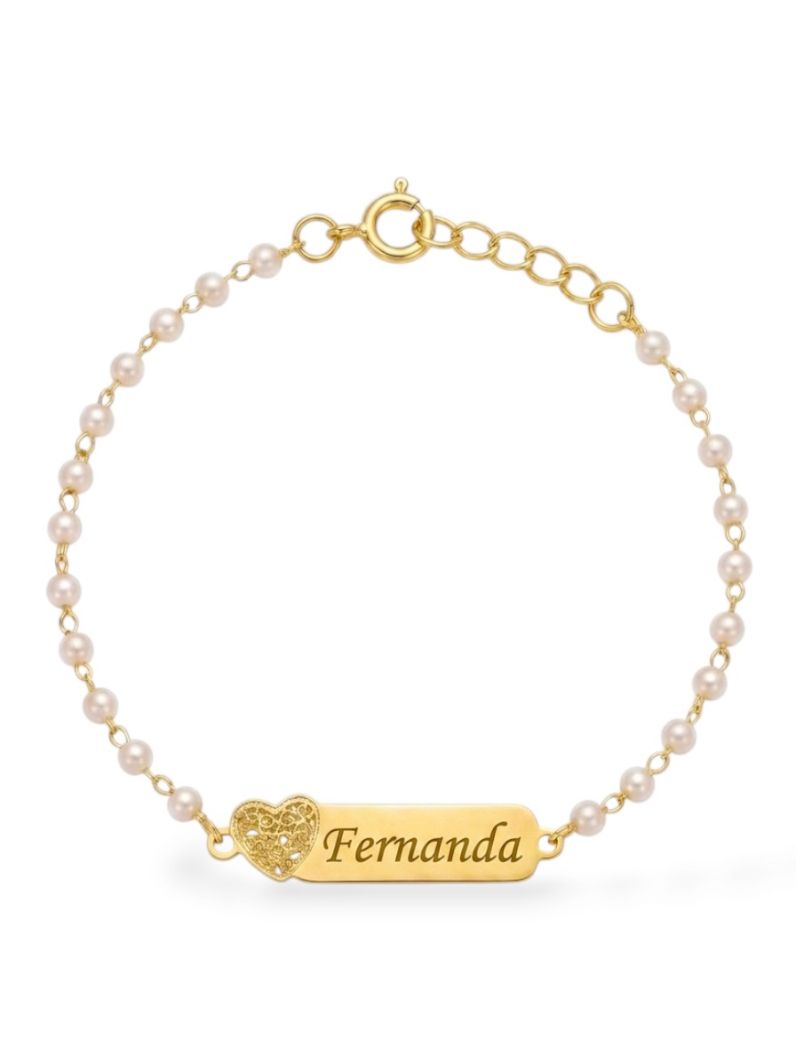 Pulseira Infantil Folheada a Ouro 18k Pérolas e Placa Com Nome