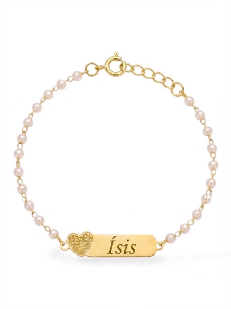 Pulseira Infantil Folheada a Ouro 18k Pérolas e Placa Com Nome