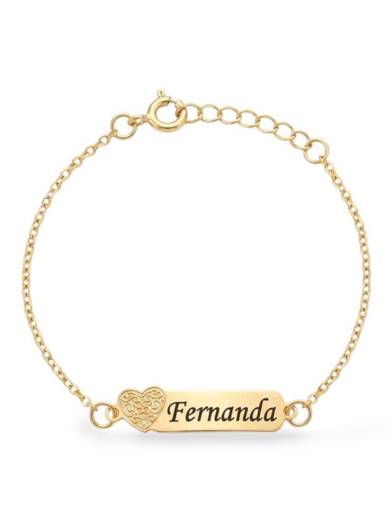 Pulseira Infantil Folheada a Ouro 18k Placa Com Coração e Nomes Femininos