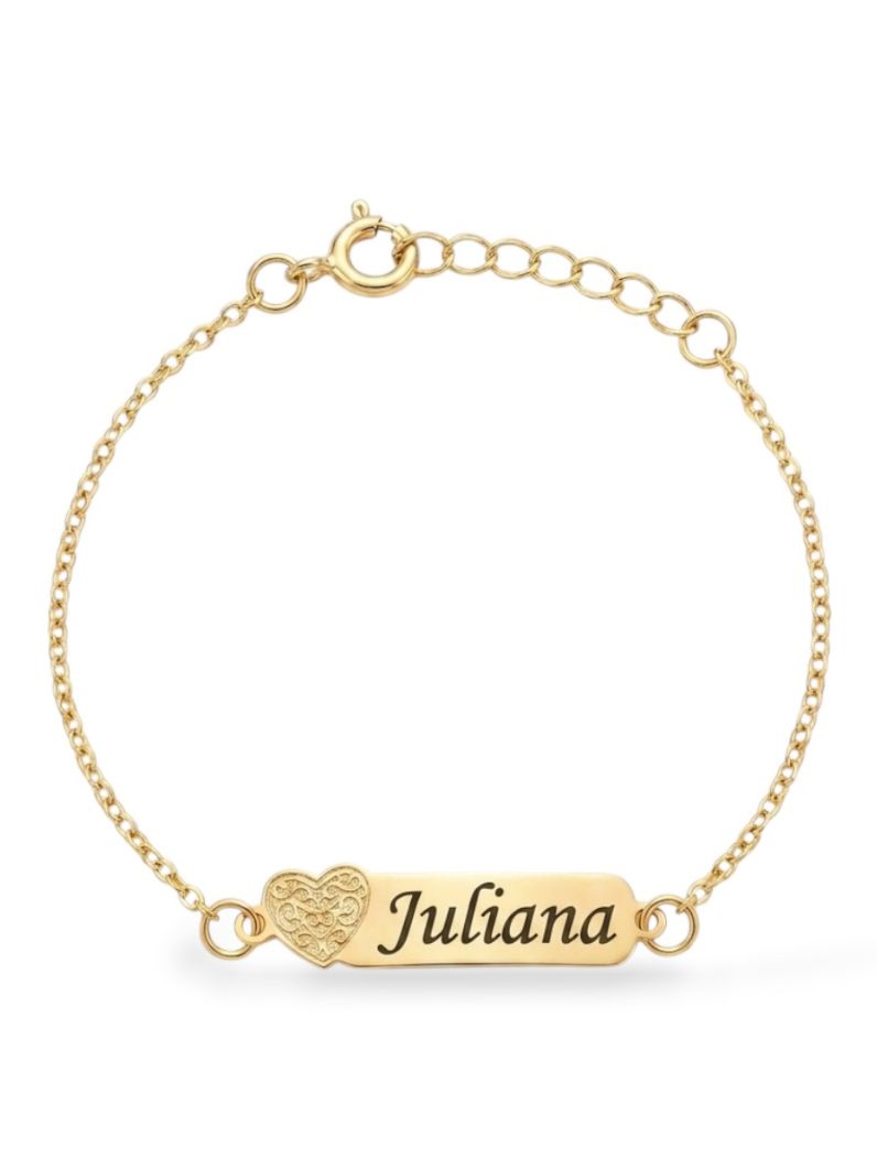 Pulseira Infantil Folheada a Ouro 18k Placa Com Coração e Nomes Femininos