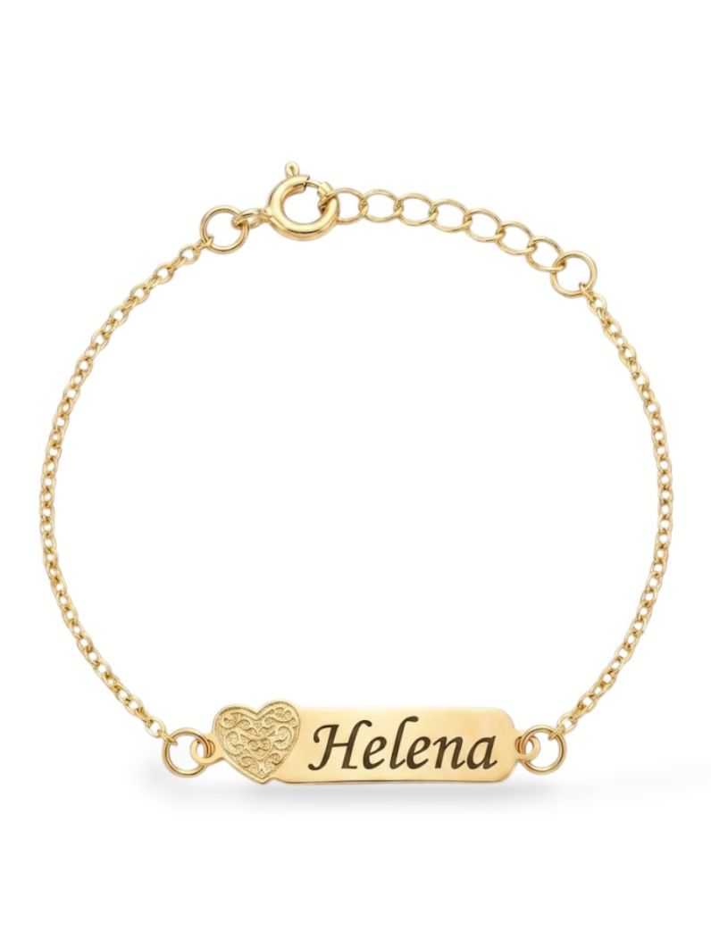 Pulseira Infantil Folheada a Ouro 18k Placa Com Coração e Nomes Femininos