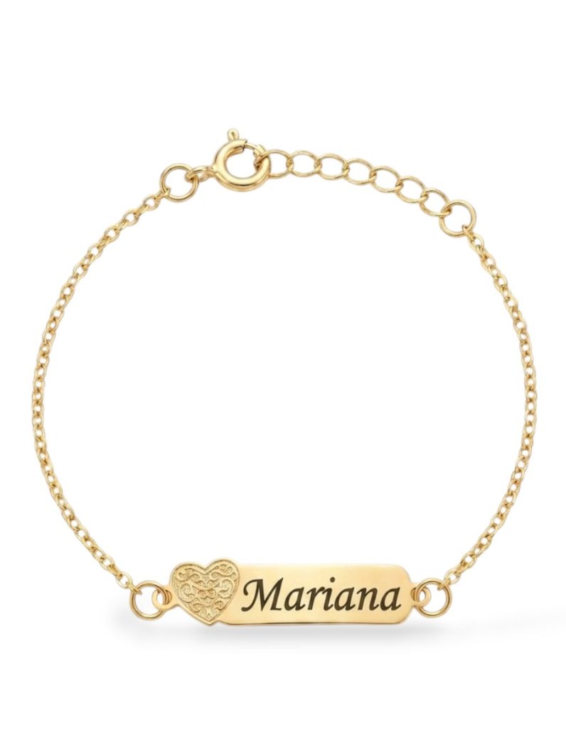 Pulseira Infantil Folheada a Ouro 18k Placa Com Coração e Nomes Femininos