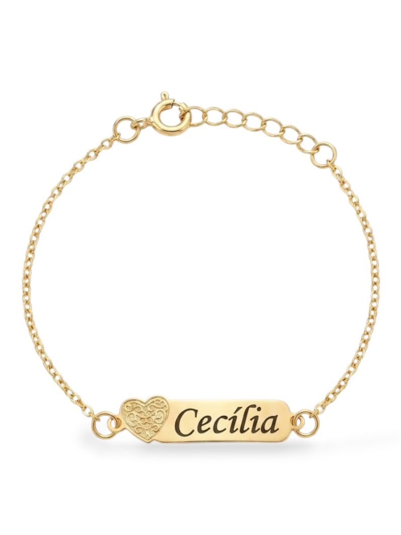 Pulseira Infantil Folheada a Ouro 18k Placa Com Coração e Nomes Femininos